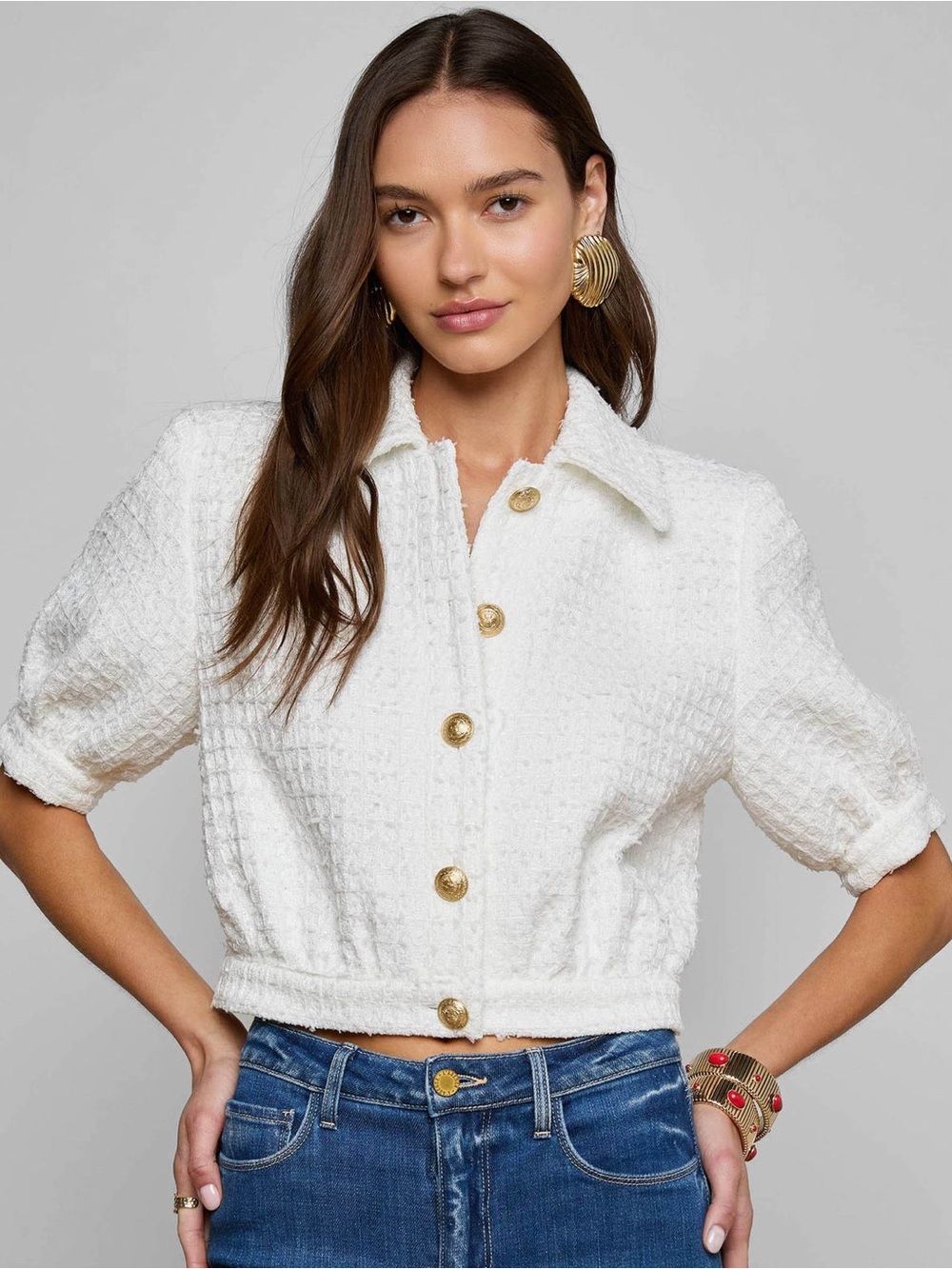 L'AGENCE “Cove” White Tweed Cropped Jacket and Matching Shorts
